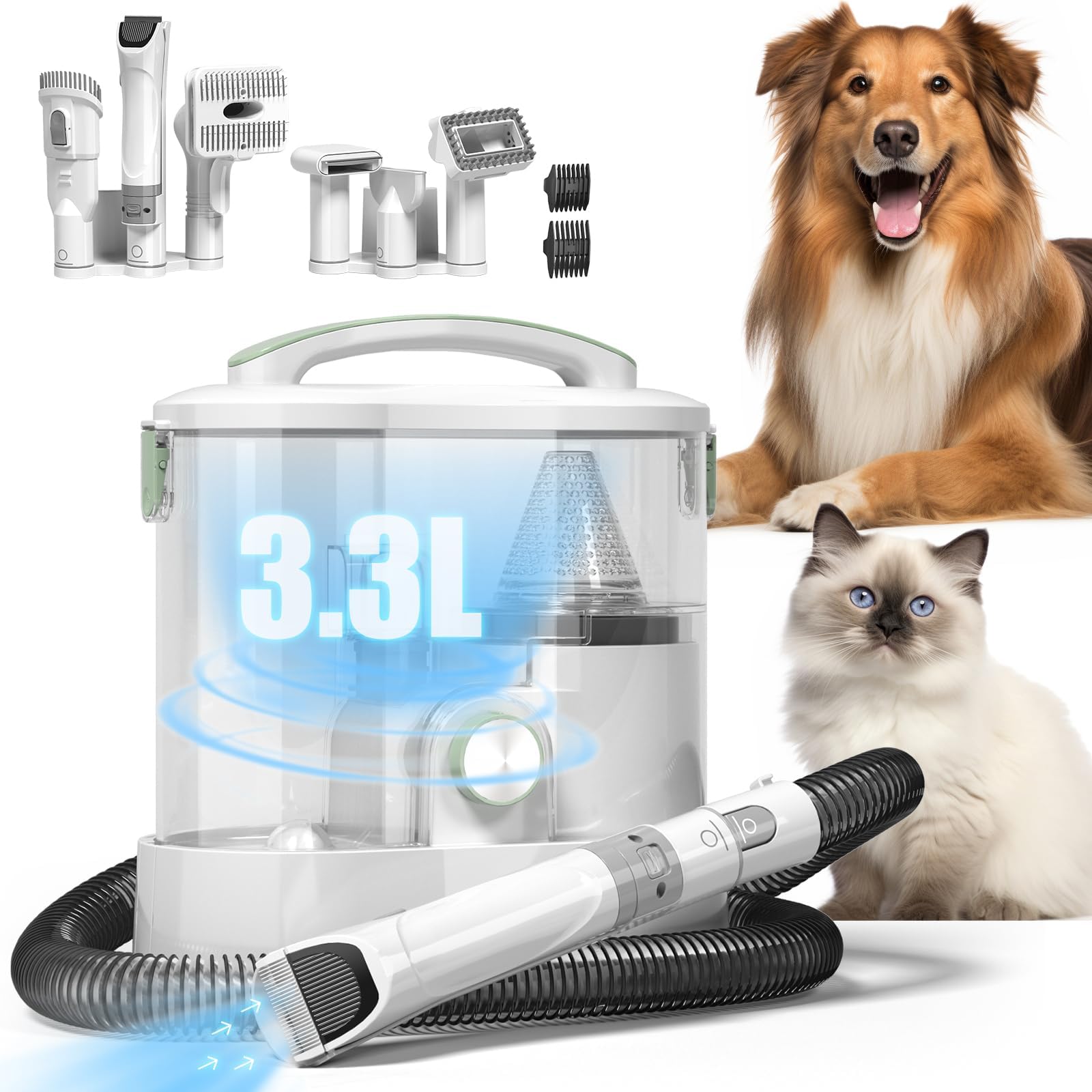 Roeoder Pet Hair Vacuum for Shedding Grooming with Dog Clipper - Multipurpose Dog Grooming Kit with 3.3L Large Capacity Dust Box and Dryer Hair, 6 Pieces Grooming Tools for Dogs and Cats - Low-Noise