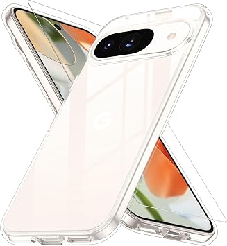 Google Pixel 9 Case, Pixel 9 Pro Case, Clear with Glass Film Protection Anti-Yellowing for Google Pixel 9/9pro Shockproof Anti-Fingerprint Drop Durable with Strap Hole Thin Lightweight Soft Cover for