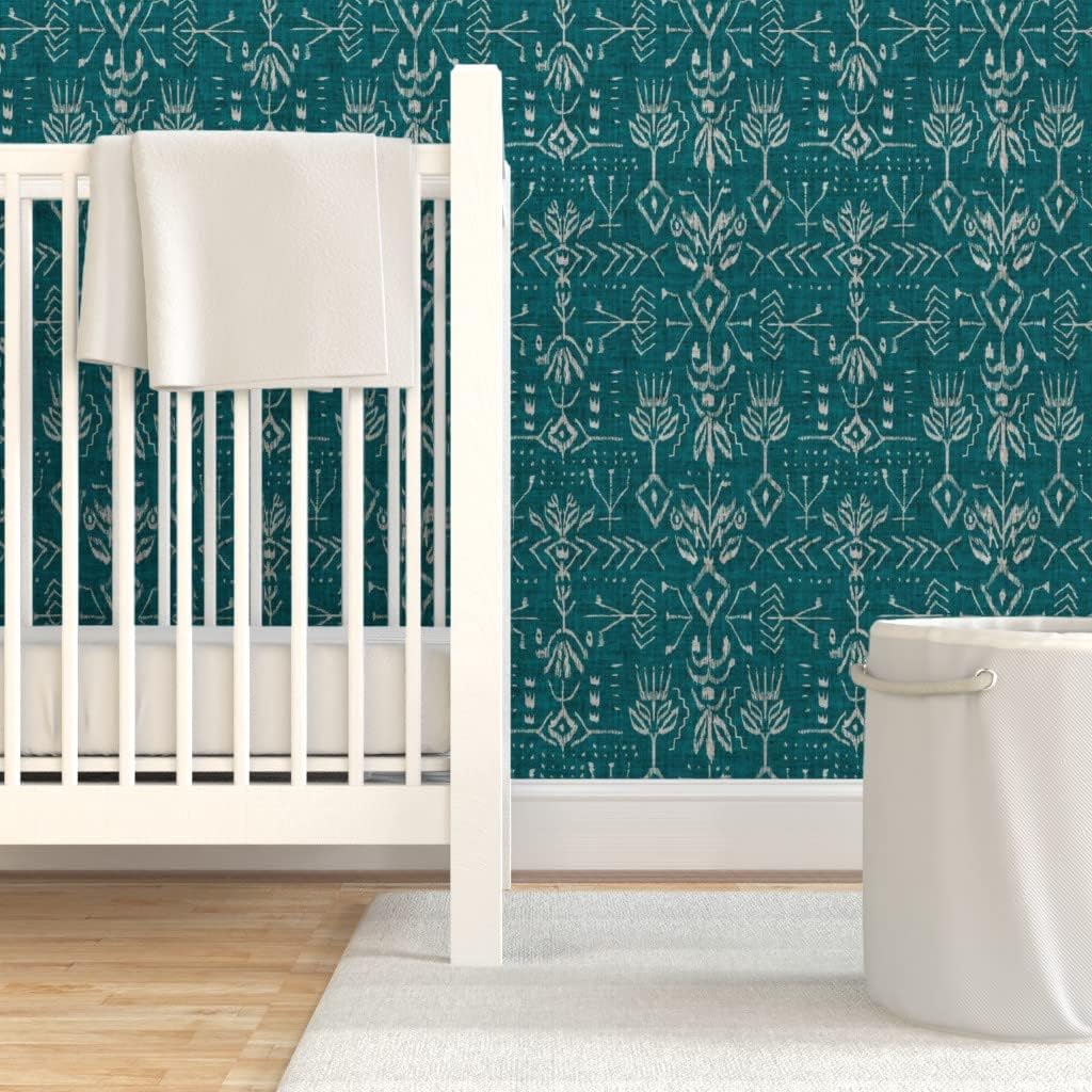 Peel & Stick Wallpaper 3ft x 2ft - Ikat Teal Green Geometric Aqua Geo Tribal Mud Cloth Custom Removable Wallpaper by Spoonflower