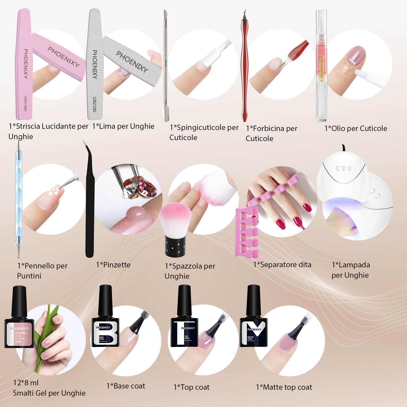 Kit Semipermanente Unghie Phoenixy 12 Colori Kit Unghie con 36W Lampada U V/LED Kit Unghie Gel Completo con Base Top e Matt Coat Gel Semipermanente Unghie
