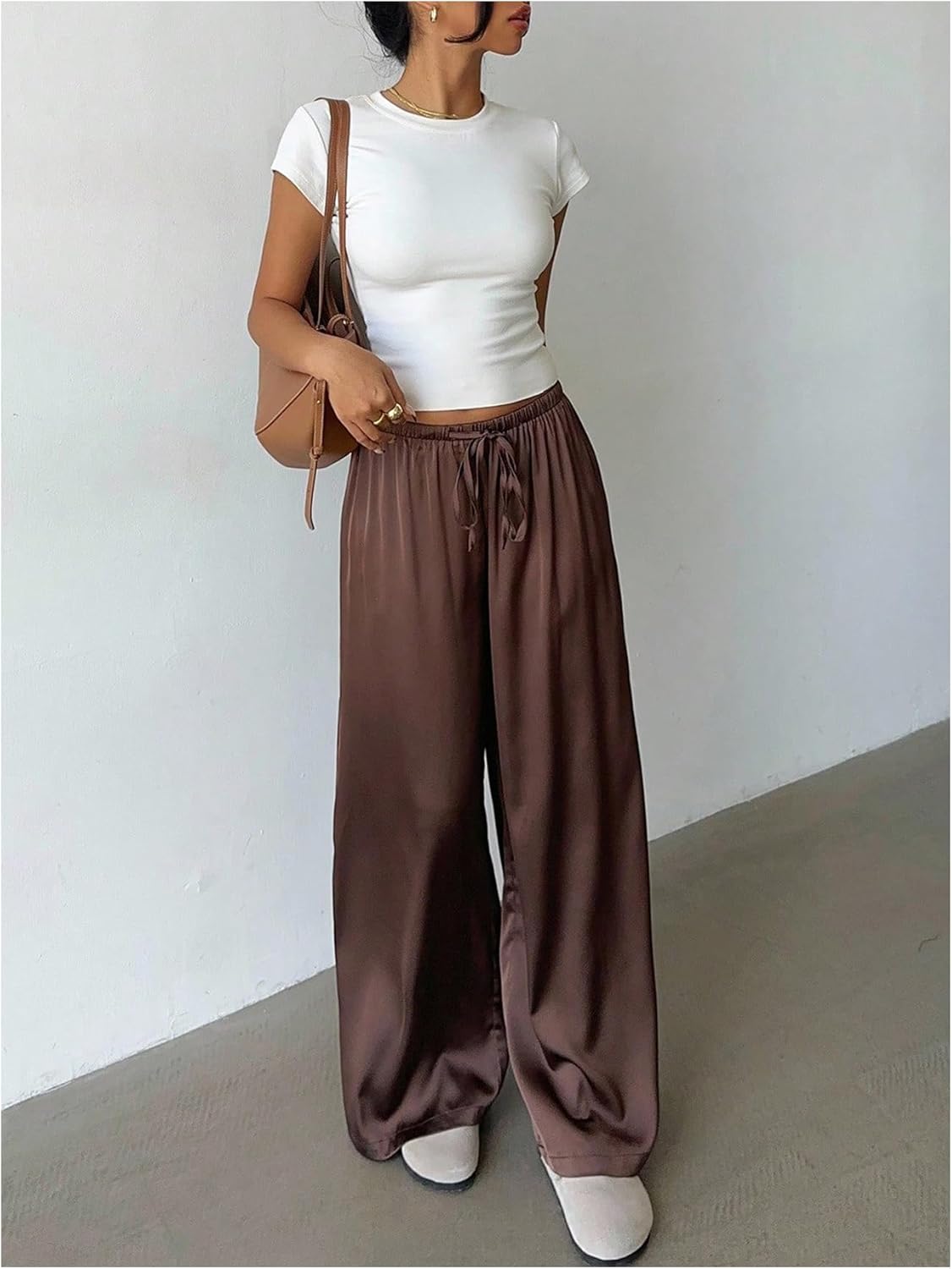 MakeMeChic Women's Satin Pants Drawstring Waist Straight Leg Chocolate Brown Silk Lounge Pants - Image 5