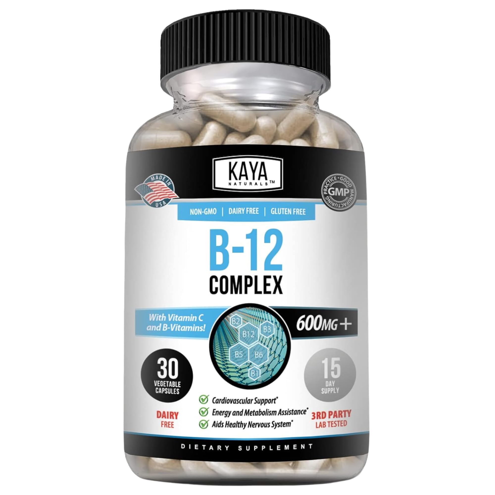Kaya Naturals B-12 Complex Multivitamin Supplement for Women Men Energy and Metabolism Booster B-Complex Vitamin with Biotin Choline