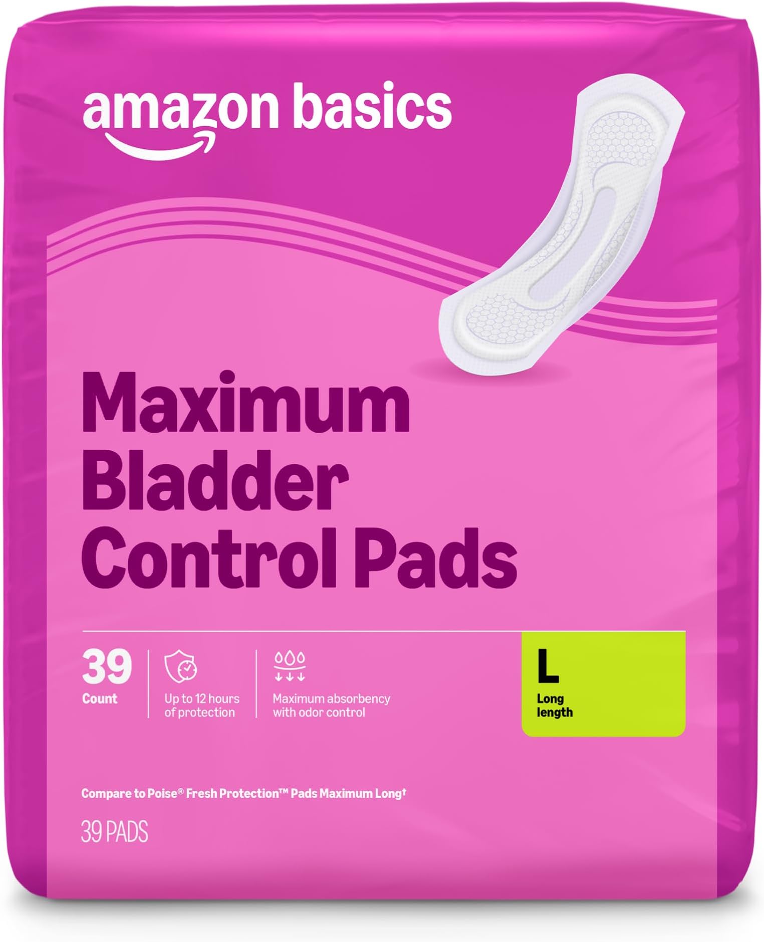 Amazon Basics Incontinence Pads for Women, Postpartum, Long, Maximum Absorbency, Bladder Control, Unscented, 39 Count, Packaging May Vary