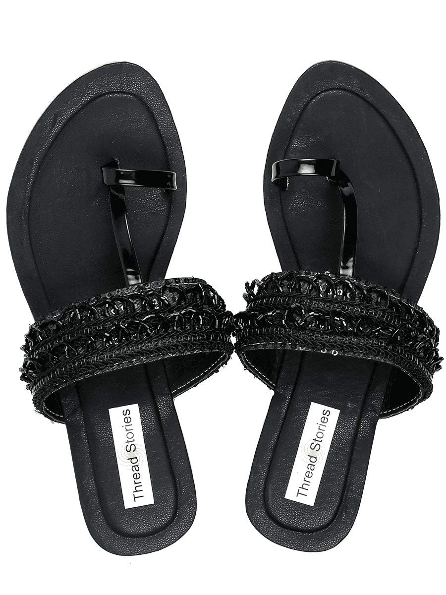 T.S Thread Stories Love Thy Tassel! Women's Black Leather Party Office Ethnic Kolhapuri Chappal/Sandals (35)