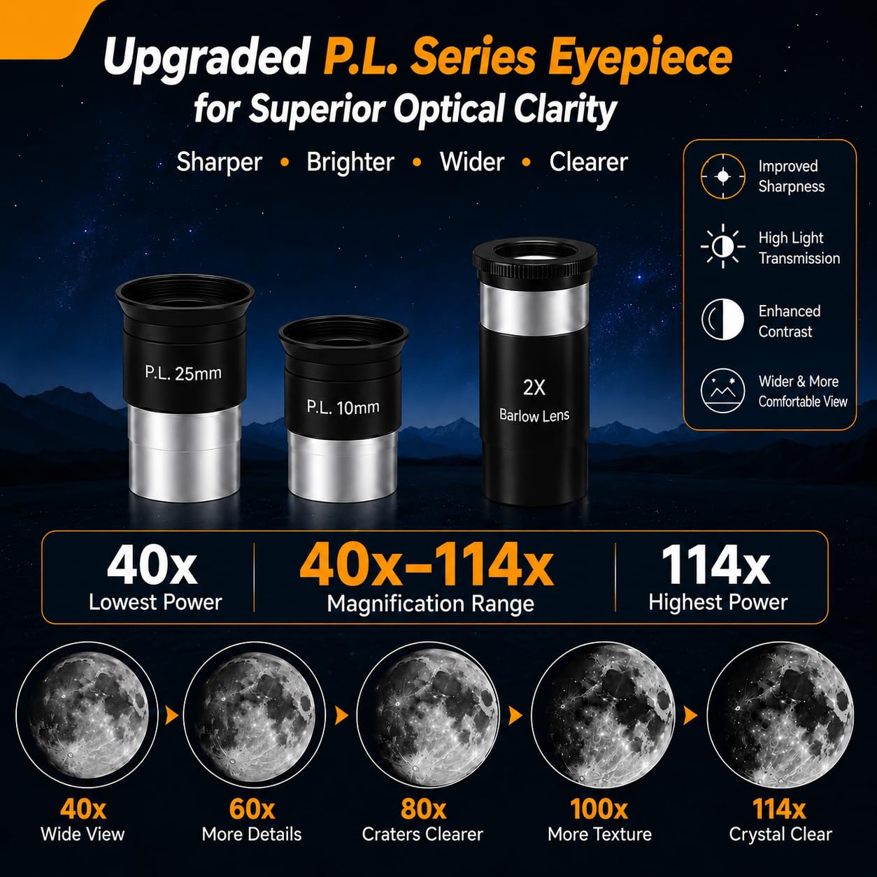 HINISO 114AZ Astronomical Telescope for Adults, Beginners & Students 114mm Reflector 1000mm Focal Length 40x–200x Magnification P.L. Series Eyepiece Bluetooth Remote, Phone Adapter & Tripod Included — Amazon image 5