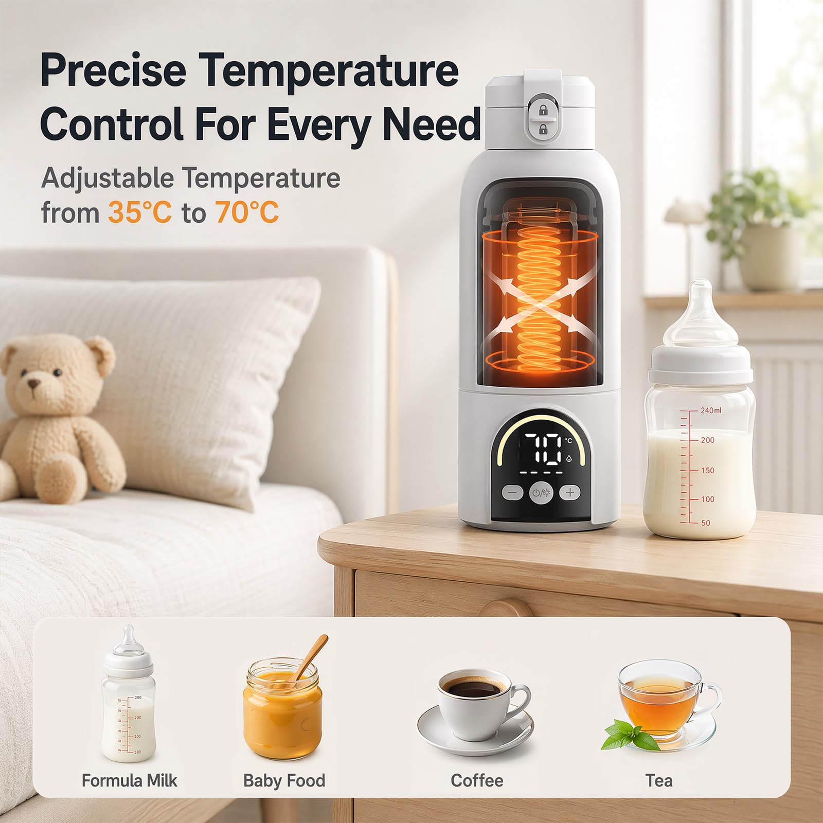 Tragbarer Flaschenwärmer Baby Unterwegs, Kabellos mit 12000mAh Akku | 140W Schnellheizen, 500ml für Muttermilch & Wasser, 35–70°C Einstellbar, Sterilisieren, Milchwärmer für Nachtfütterung Reisen