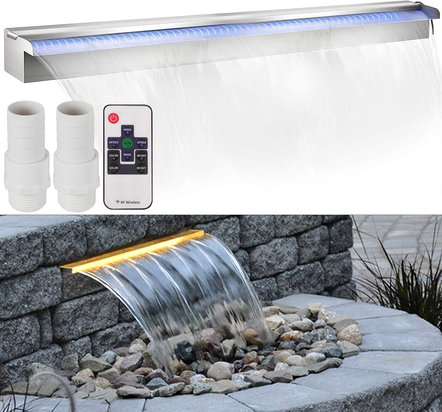 VEVOR Pool Fountain Stainless Steel Pool Waterfall 35.4" x 4.5" x 3.1"(W x D x H) with LED Strip Light Waterfall Spillway with Pipe Connector Rectangular Garden Outdoor : Patio, Lawn & Garden