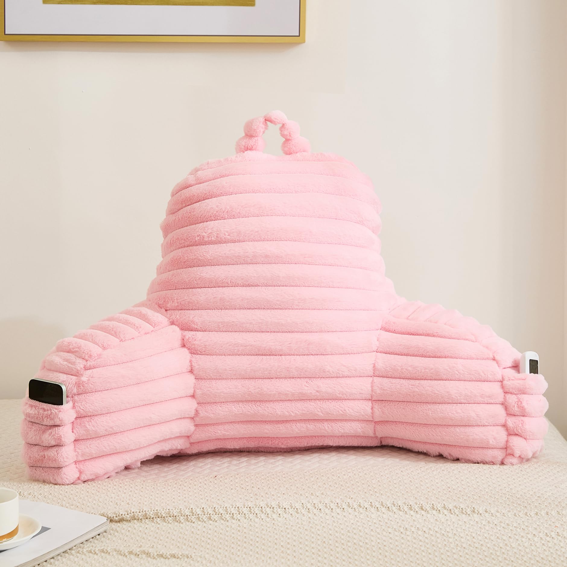 Flauschiges rosa Lesekissen aus Kunstfell mit Taschen, luxuriöses gestreiftes Plüsch, dekorativ, Armlehnen und Rückenstütze für Bettruhe, Faulenzen auf dem Sofa, extra große Größe für