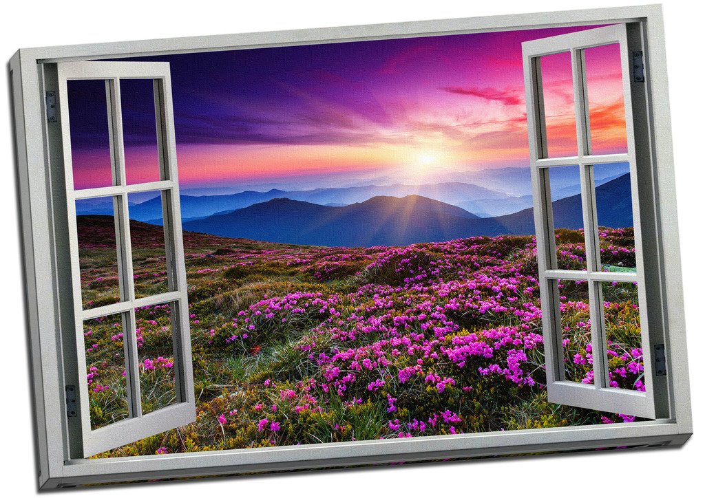 Panther Print Pink Floral Sunset View 3D Window Effect Canvas Print Picture Wall Art Large 30X20 Inches