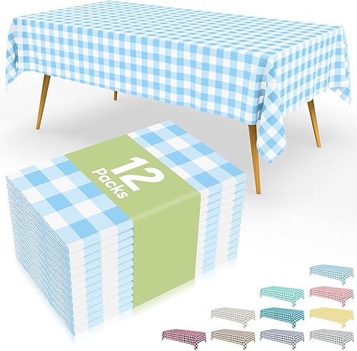 Miniatura 77 de Smiry Paquete de 8 manteles desechables a cuadros, mantel de plástico impermeable de 54 x 108 pulgadas, manteles rectangulares a cuadros caqui y