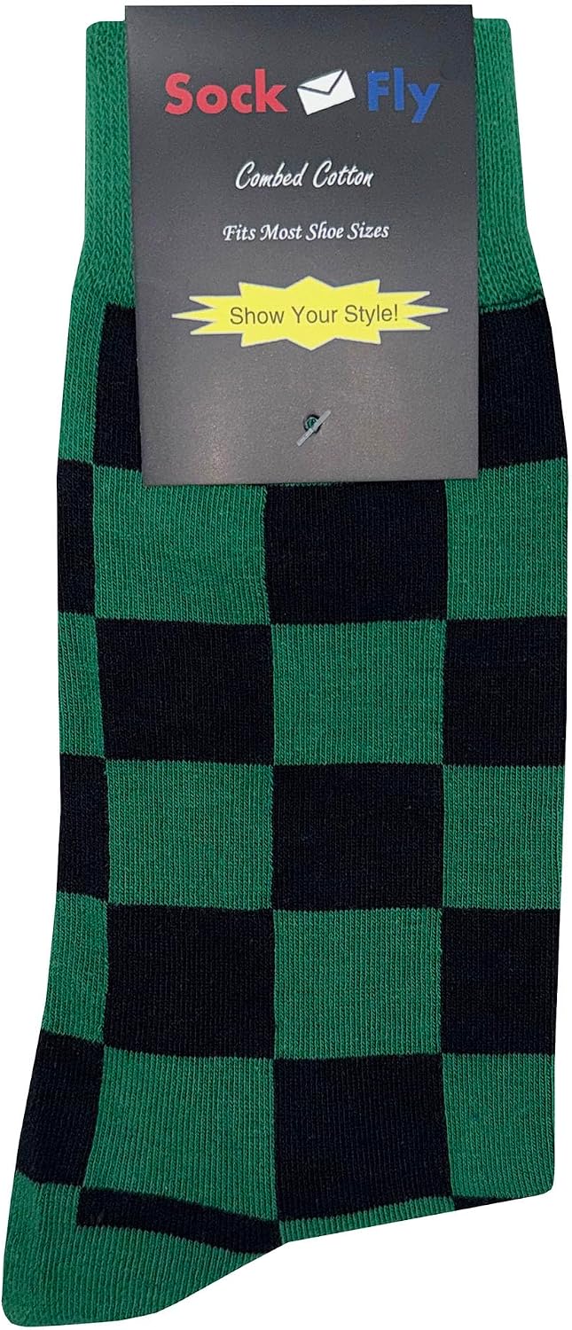 Forest Green Black Checker Dress Socks Funny Novelty Crazy Fun Design Men Size 8-12 Cotton Casual Crew Colorful Funky Fancy Socks Gift for Men