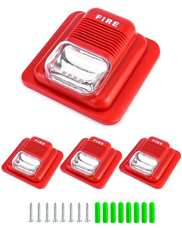 QWORK 4 Pack Wired Sound & Light Fire Alarm Warning Strobe Siren Horn, 12 / 24V DC by QWORK - Used condition - US$17.81