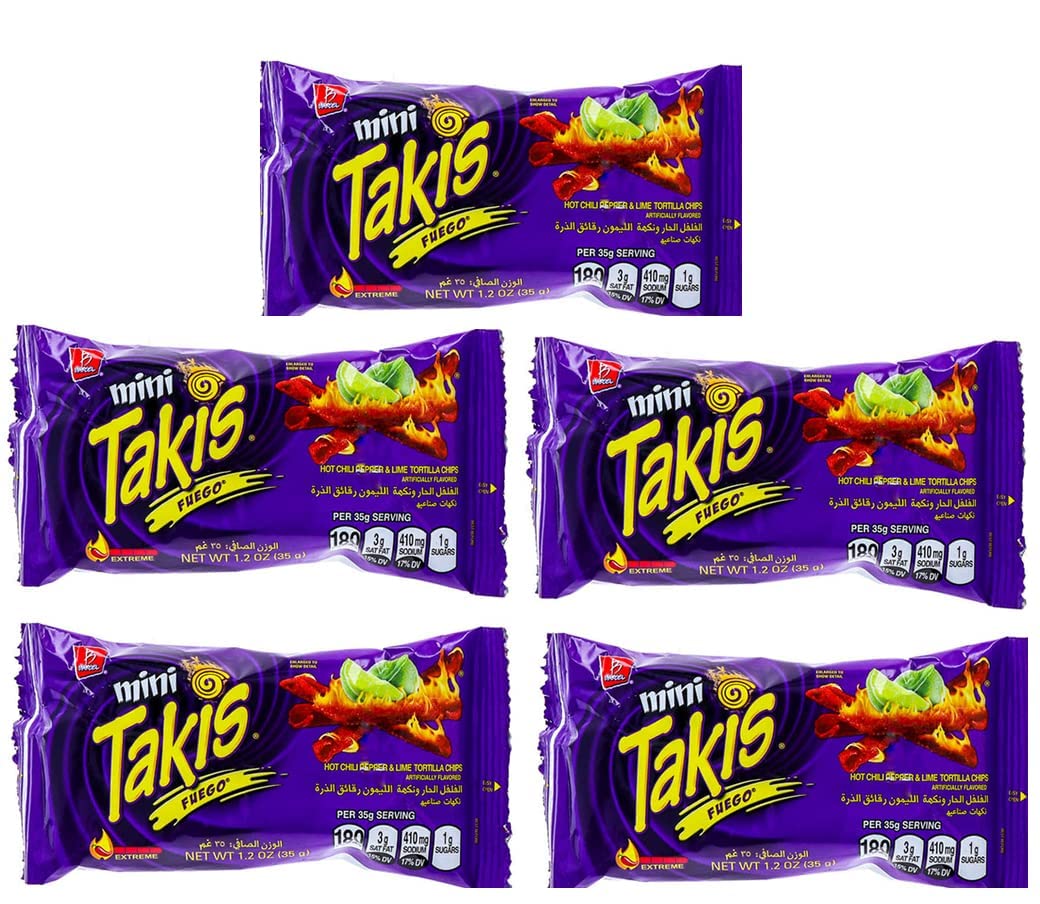 Takis Mini Fuego Rolled Spicy Tortilla Chips, Hot Chili Pepper Lime Flavored 35gm Pack Of 5