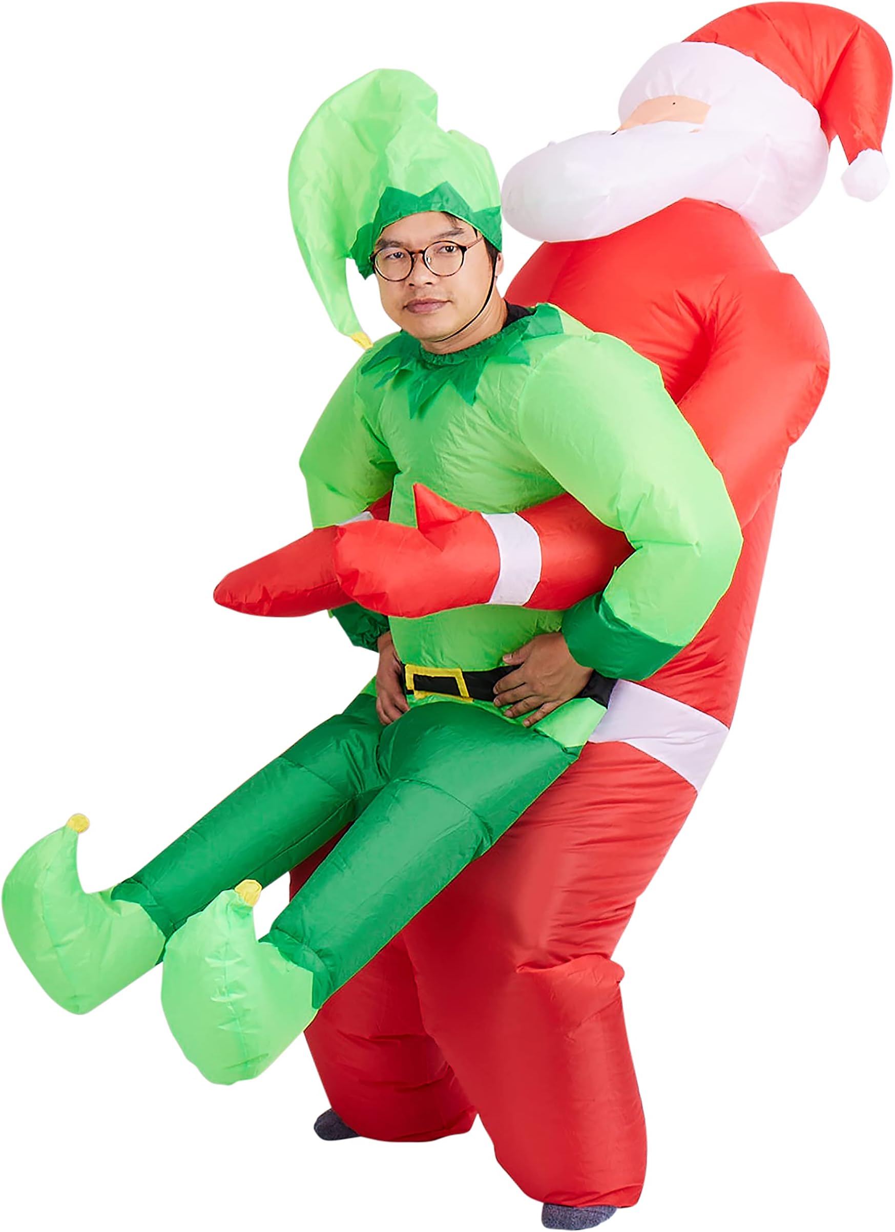 THE TWIDDLERS - Christmas Inflatable Santa Carry Me Elf Adult Costume - Red and Green Blow Up Fancy Onesie Xmas Party Suit - One Size, Fits Up to 2 Metre / 6.5 Ft