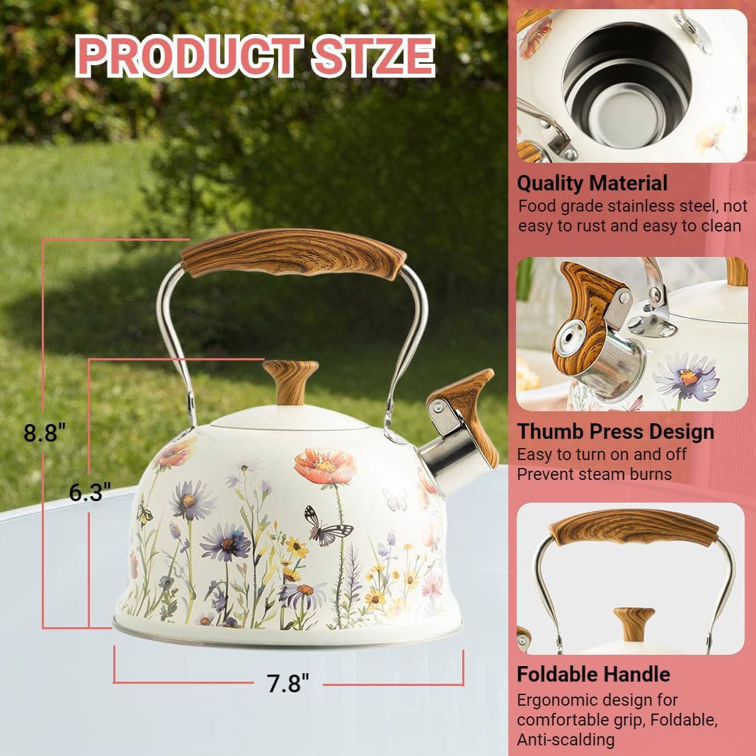 Tea Kettle for Stove Top, 2.7 Quart Whistling Kettle with Floral Pattern for Boiling Water Coffee or Milk, Stainless Steel Tea Pots with Wood Pattern Folding Handle, Work for All Stovetops