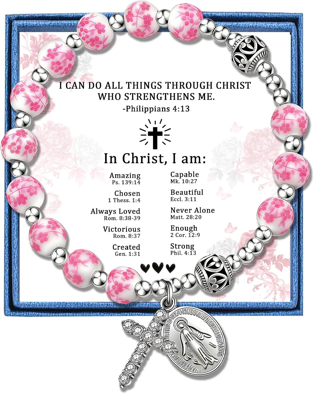 PARTNER Catholic Rosary Bracelet with Virgin Mary & Cross, Floral Ceramic Tenner Rosary Bracelet for Prayer, Faith & Protection, Christian Religious Jewelry Gift
