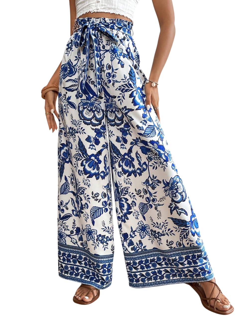 kateclo Women’s Blue & White Floral Wide Leg Palazzo Pants | High Waisted Boho Print Summer Beach Trousers with Tie Waist & Border Detail-picture-46
