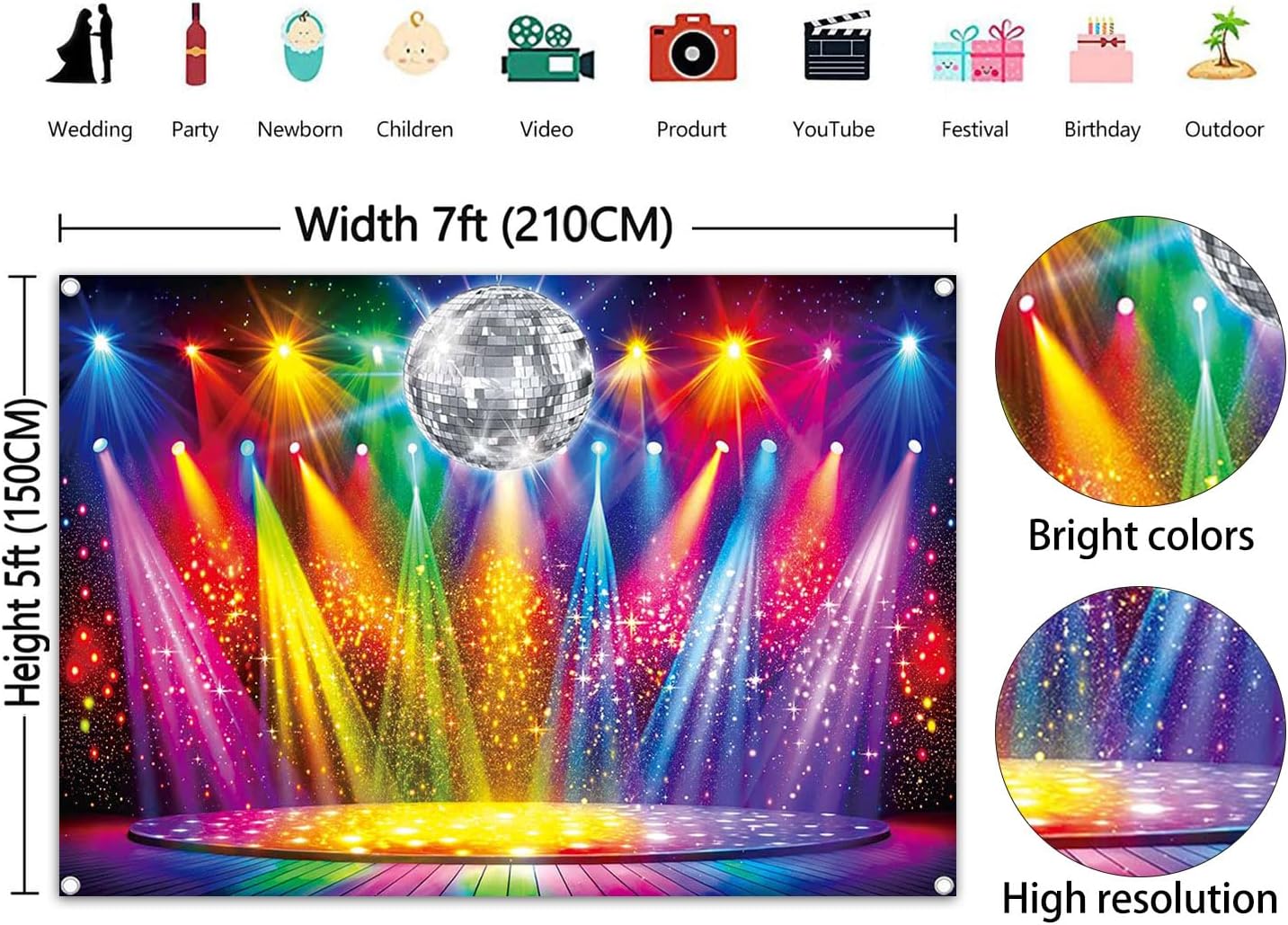 Disco Rainbow Stage Backdrop Glow Neon Dance Photography Background 1980s Disco Colorful Music Stage Party Decoration Banner Photo Supplies (82x59inch(7x5FT))