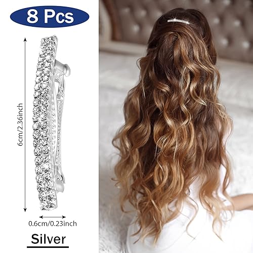 Miniatura 2 de 8 pasadores de pelo con diamantes de imitación de dos filas de diamantes de imitación de plata con diamantes de imitación de metal para primavera,