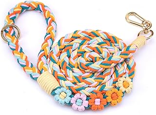 Handmade 5ft Braided Cotton Dog Leash with Unique Floral Handle, Durable and Stylish, Ideal for Small to Large Dogs,Rainbow Mix
