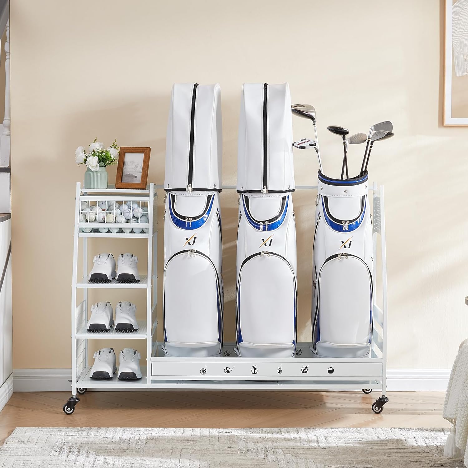 Lauren&Harold Golf Bag Organizer Garage Storage, Golf Storage Rack Stand Fits 2 Golf Bags, Golf Clubs and Other Golfing Equipment Accessories, Golf Organizer for Garage, Club, Shed, Basement