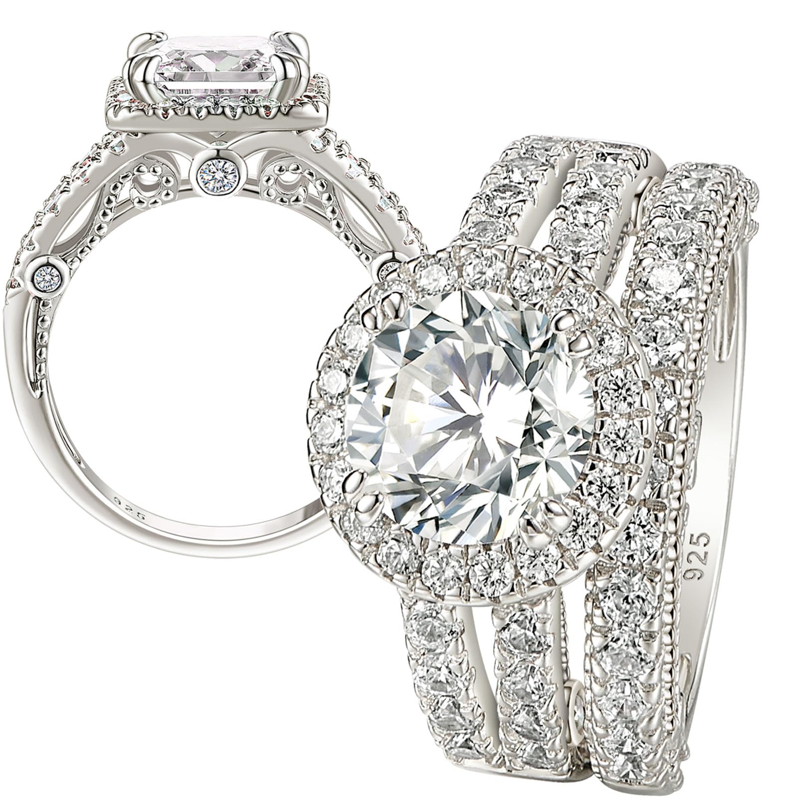 Wuziwen 925 Sterling Silver Wedding Bridal Sets for Women Engagement Rings Wedding Bands CZ Anniversary Ring