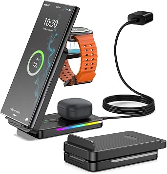 Wireless Charger for Samsung, 3 in 1 Wireless Charging Station for Samsung Galaxy S25 Ultra/Z Fold7/Flip7/S24, Foldable Charger for Samsung Galaxy Watch 8/Ultra/7/6/5, Buds Black