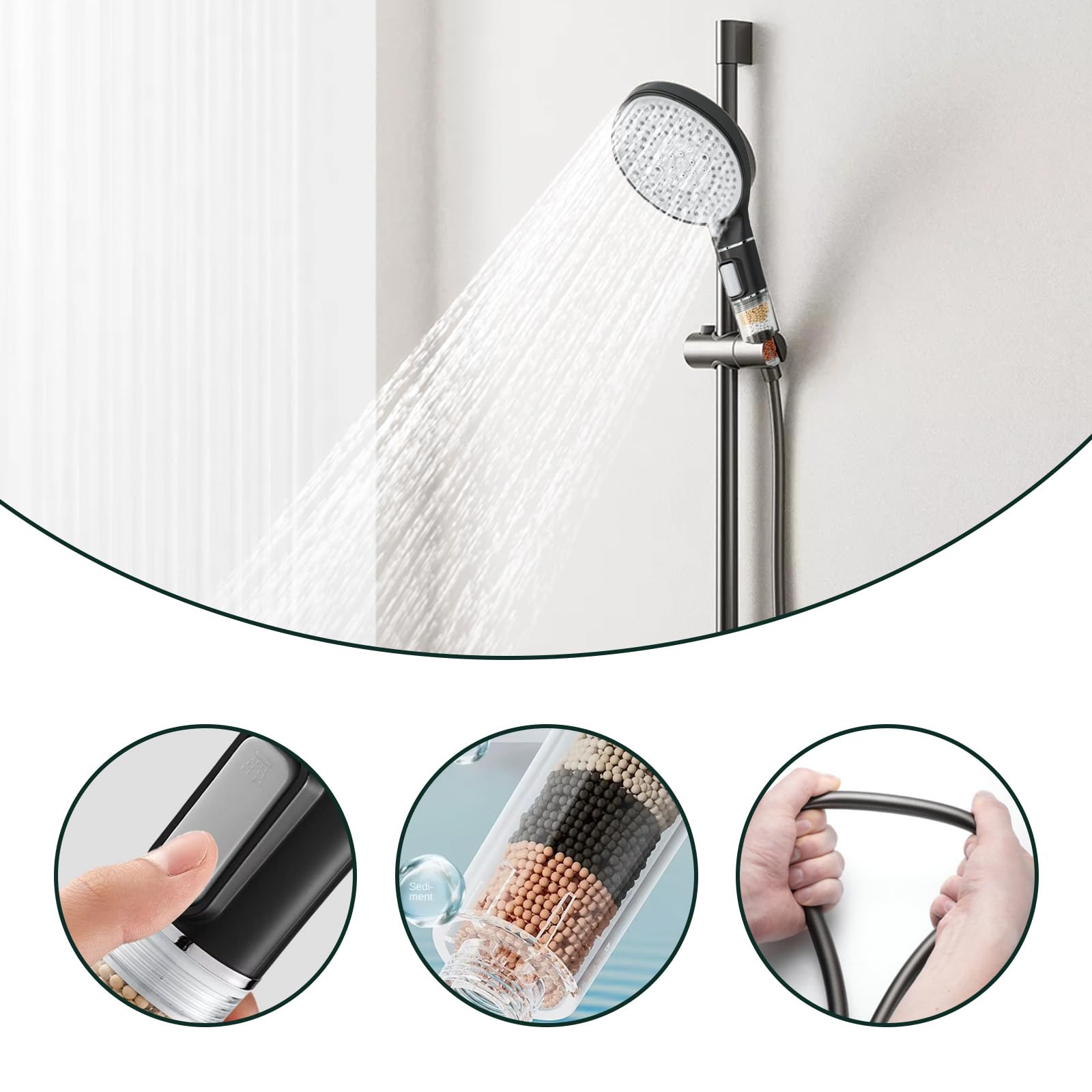 Shower Head with Filter 1.5 m Hose, 5 Modes Water-Saving Shower - Image 3