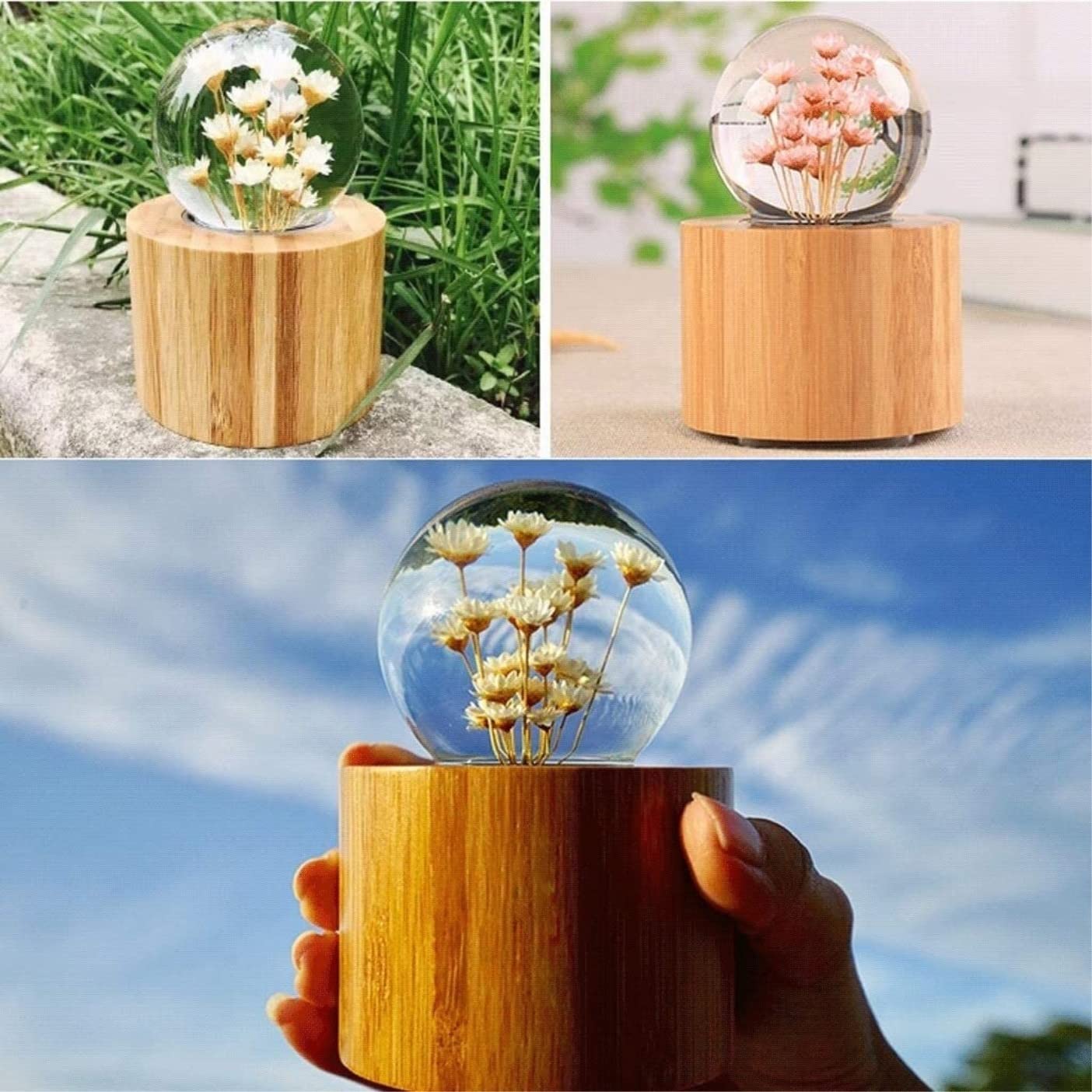 Caja de música Caja De Musica Niña Caja De Música De Margaritas con Flores Reales, Caja De Música De Madera con Bola De Cristal para Navidad, Bodas, Cumpleaños, Niñas Caja Musical Personalizada(Pink)