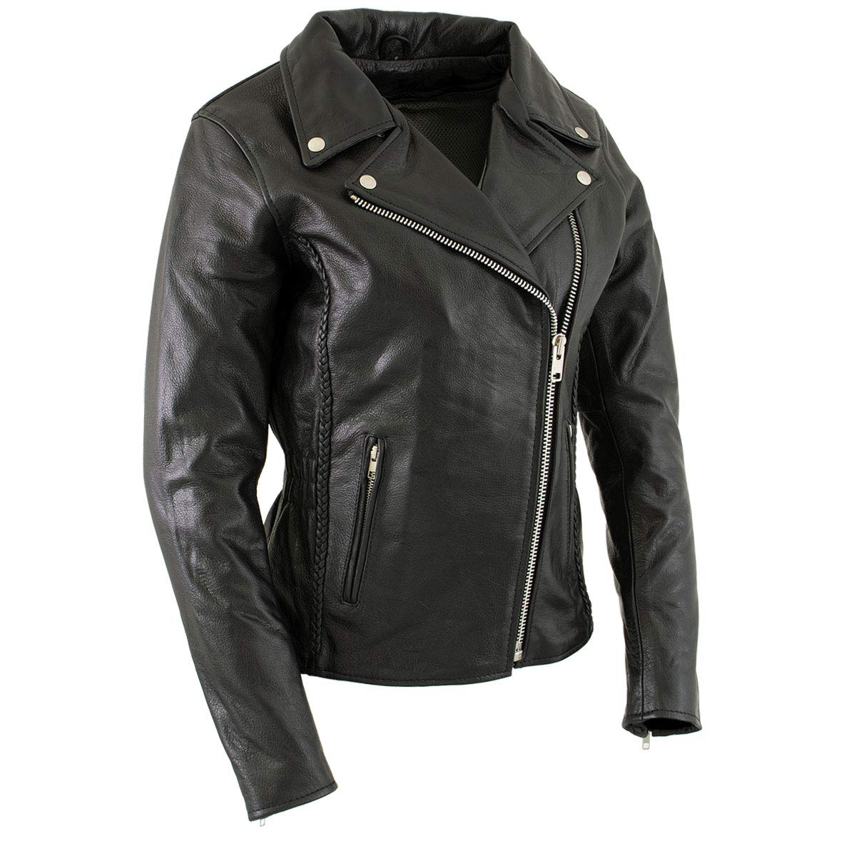Milwaukee Leather LKL27001 Women's Classic Braided Premium Black Leather Fitted Motorycle Riders Biker Jacket