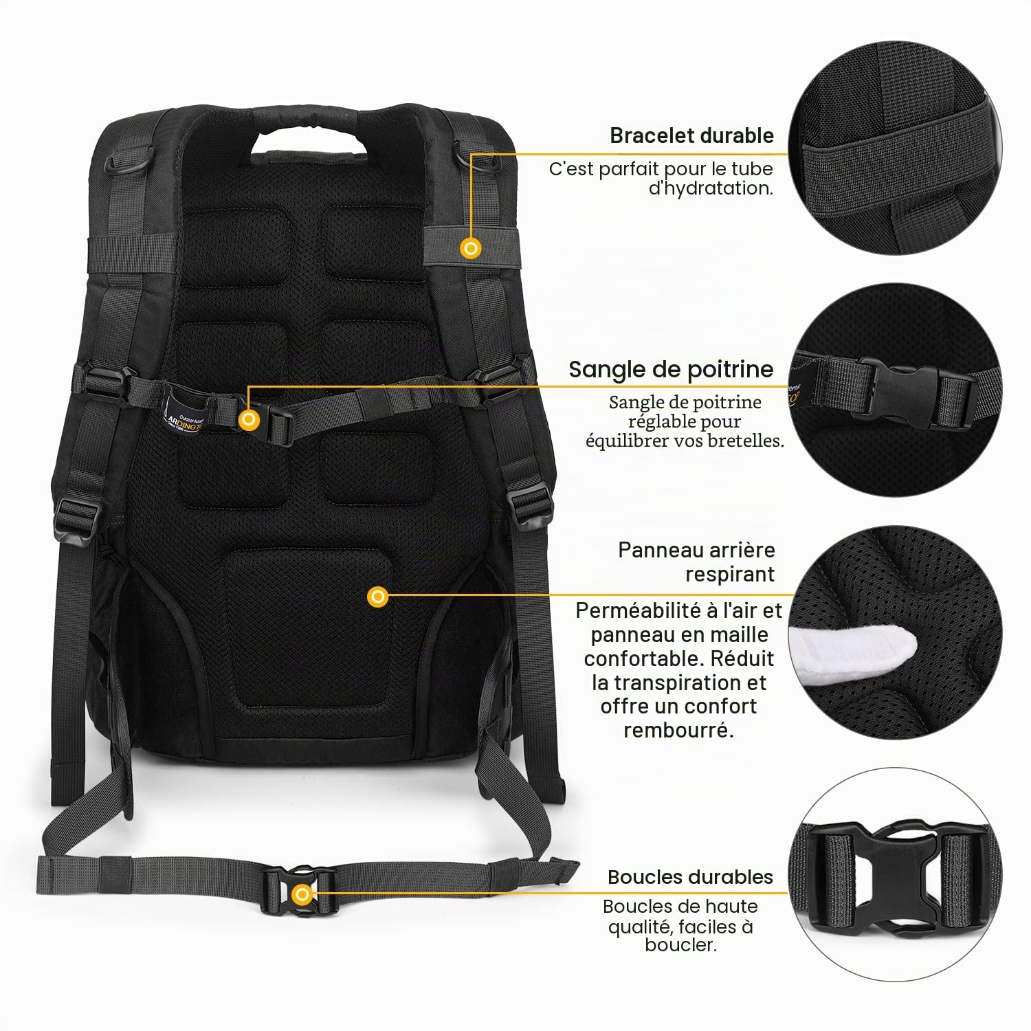 Mardingtop Sac à dos tactique de 40 L pour extérieur, camping, voyages, randonnée, Noir , 40