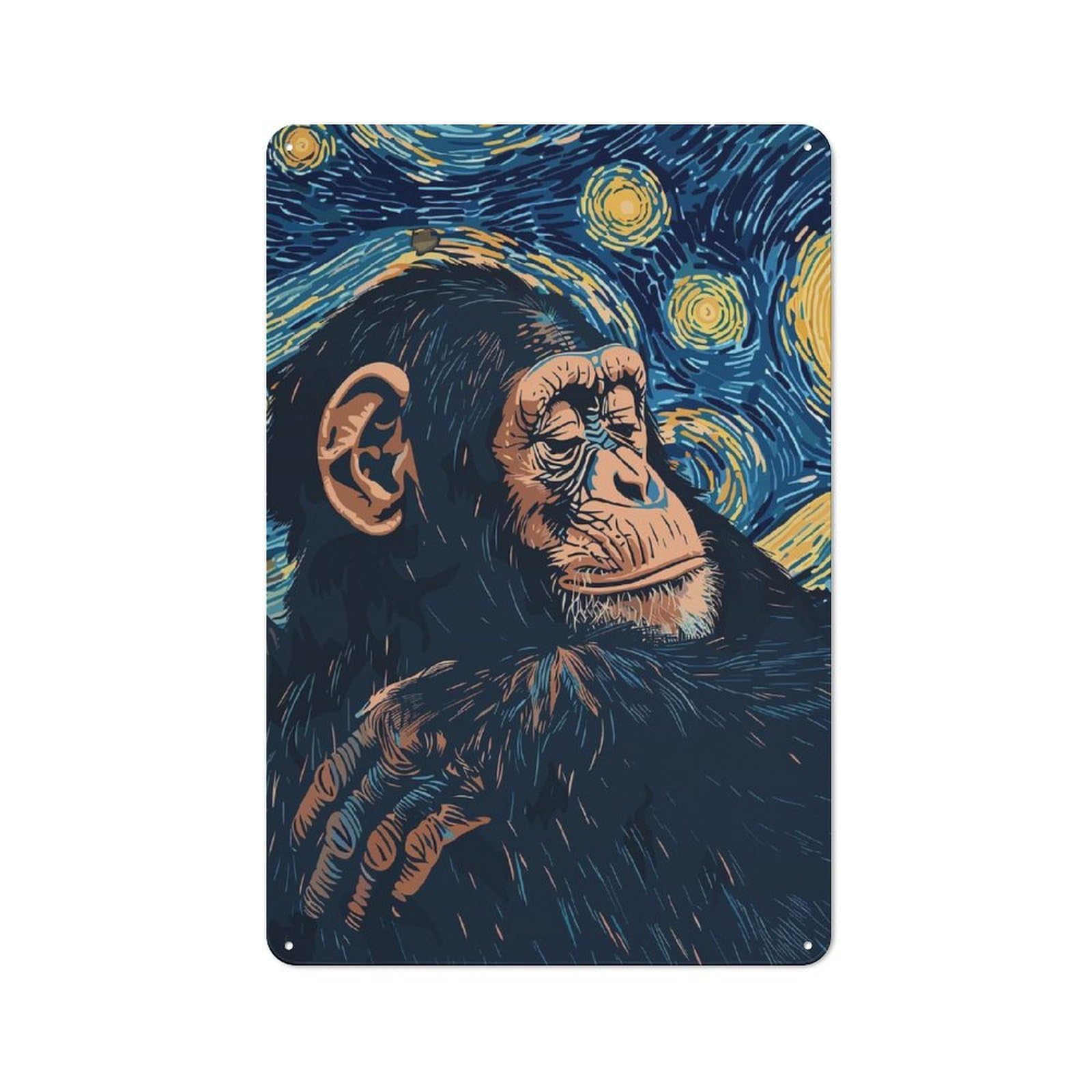 Junmoney Chimpanzee In Starry Night Style Metal Wall Sign 30X20cm Featuring For Home Bar Wall, For Themed Interiors In Home Bars And Entertaining Spaces