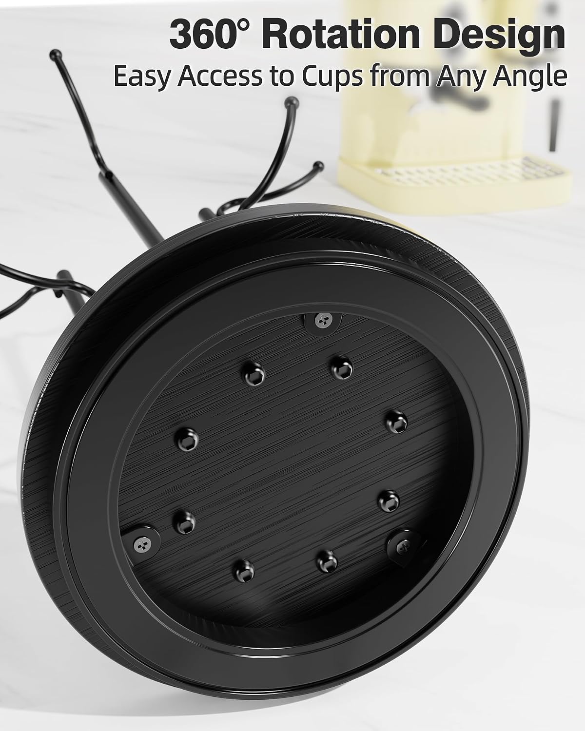 8-Hook 360° Rotating Large Coffee Mug Tree for Counter, Wood Base, Black