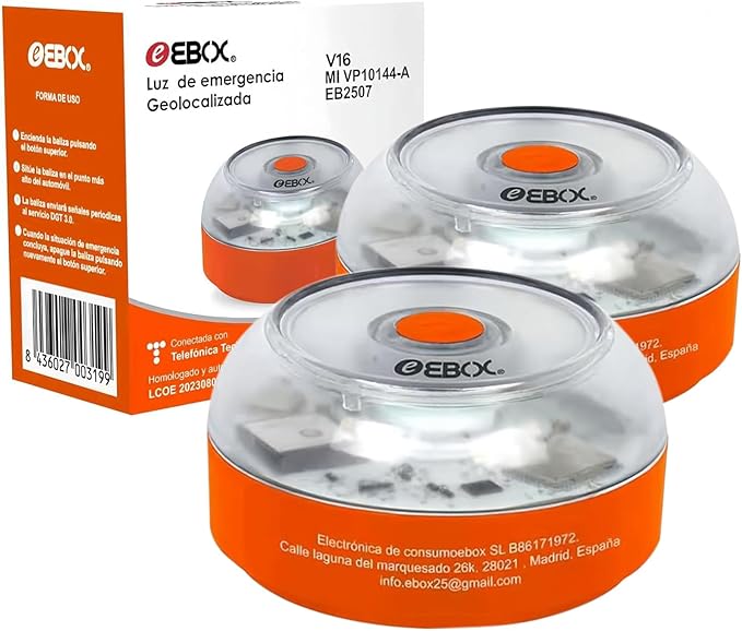 EBOX Luz Emergencia V16 Homologada DGT con Geolocalización, Baliza Coche Conectada DGT 3.0, Datos Incluidos hasta 12/2038, Pack 2 Unidades