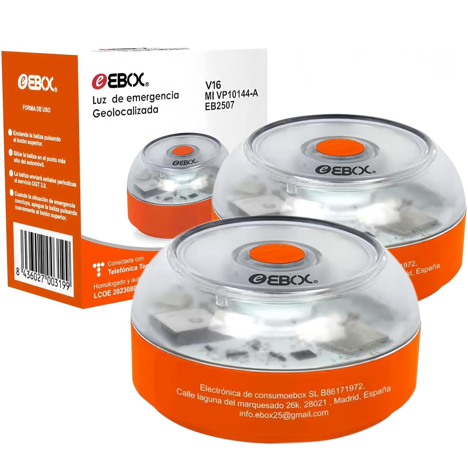 EBOX Emergency Light V16 Approved DGT with Geolocation, Connected Car Beacon DGT 3.0, Data Included until 12/2038, Pack 2 Units