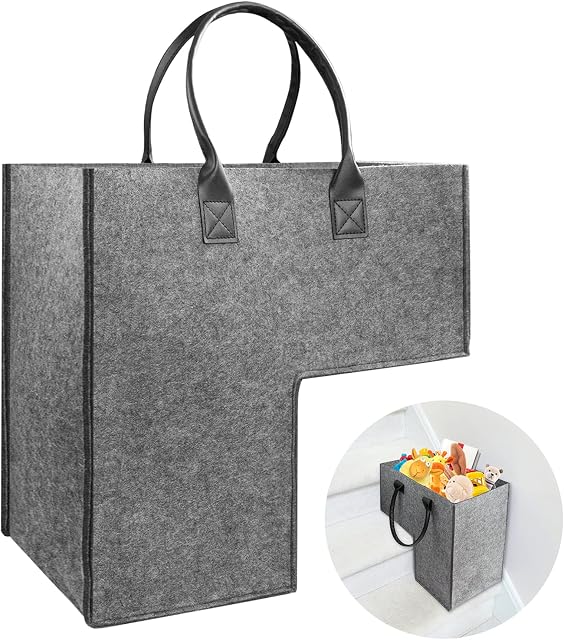 Foldable L-Shape Stair Basket Organiser, SMFANLIN Folding Fabric Staircase Storage Organizer with Faux Leather Handles, Large Stair Tidy Basket Bin for Laundry, Toys, Household Items