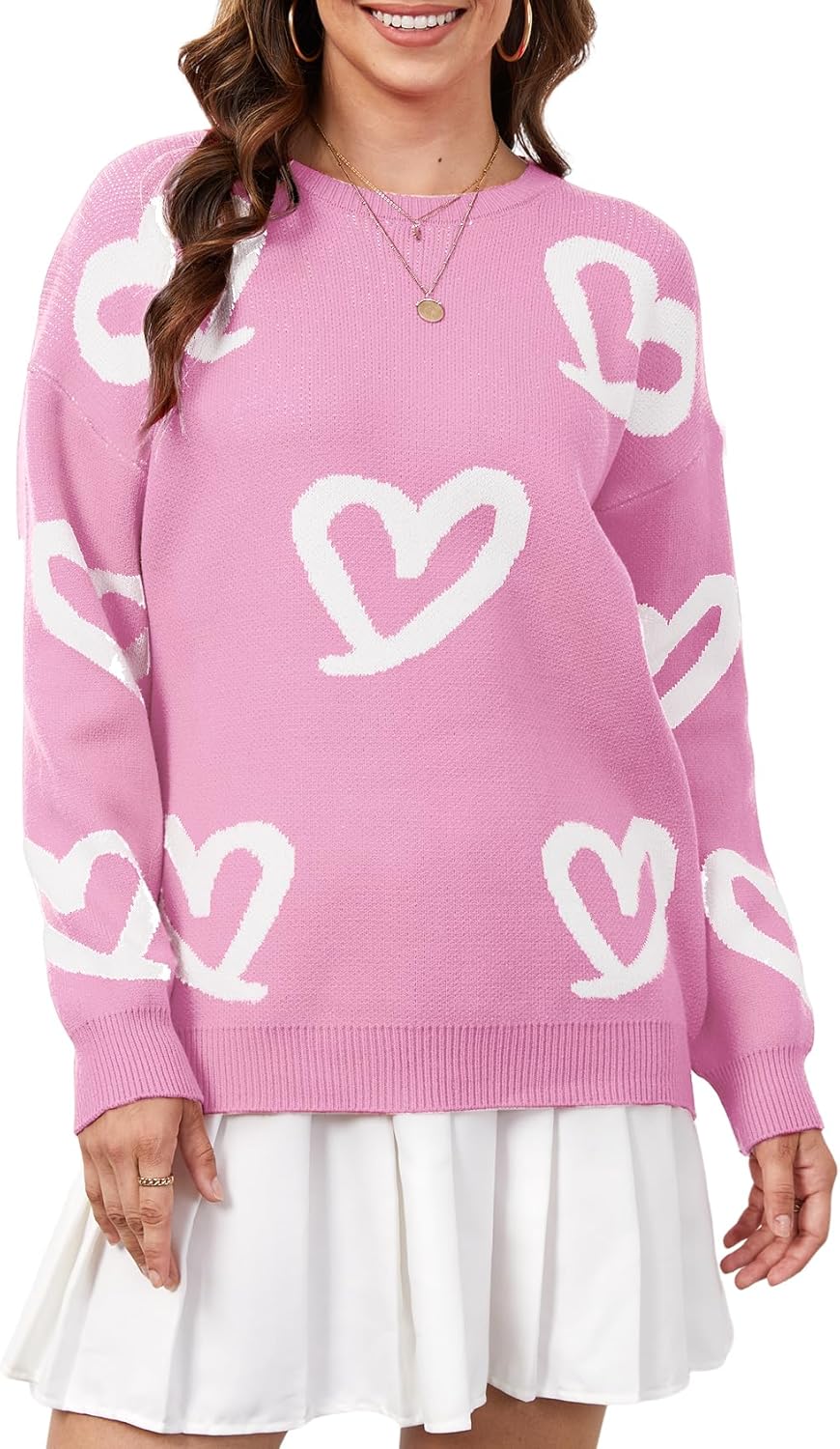 Wyeysyt Heart Sweater for Women Oversized Valentines Day Sweaters Crew Neck Knit Pullover Sweaters