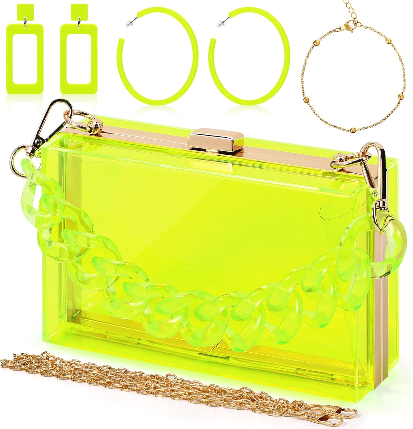 Jadive 4 Pcs Purse Clear Women Acrylic Clutch Hand Bag Evening Retro Earring Bracelet Jewelry Set Neon Vintage Wedding Gift