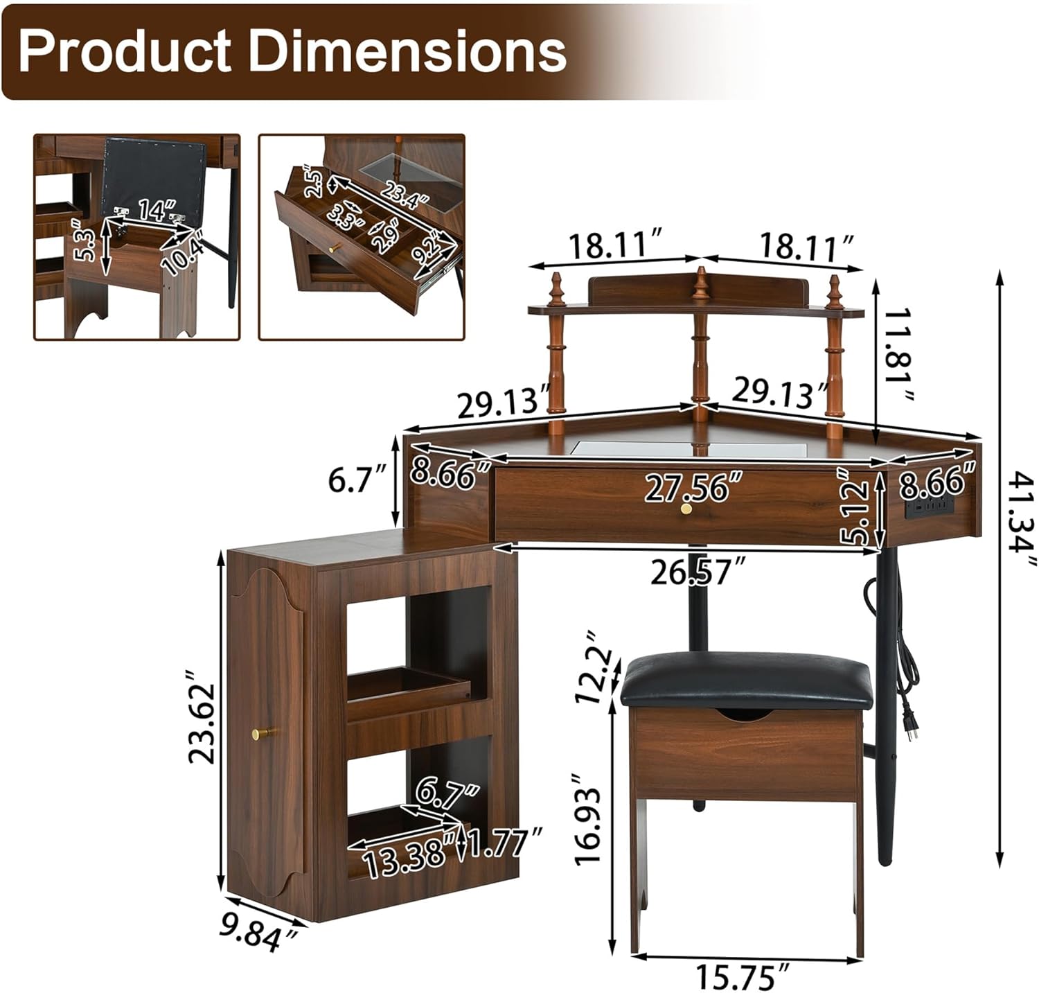 Makeup Vanity Desk Without Mirror, Corner Vanity Desk Set with Storage Cushioned Stool and Charging Station, Makeup Desks with Removable Pull-Out Side Cabinet for Women, Small Place (Walnut-2)