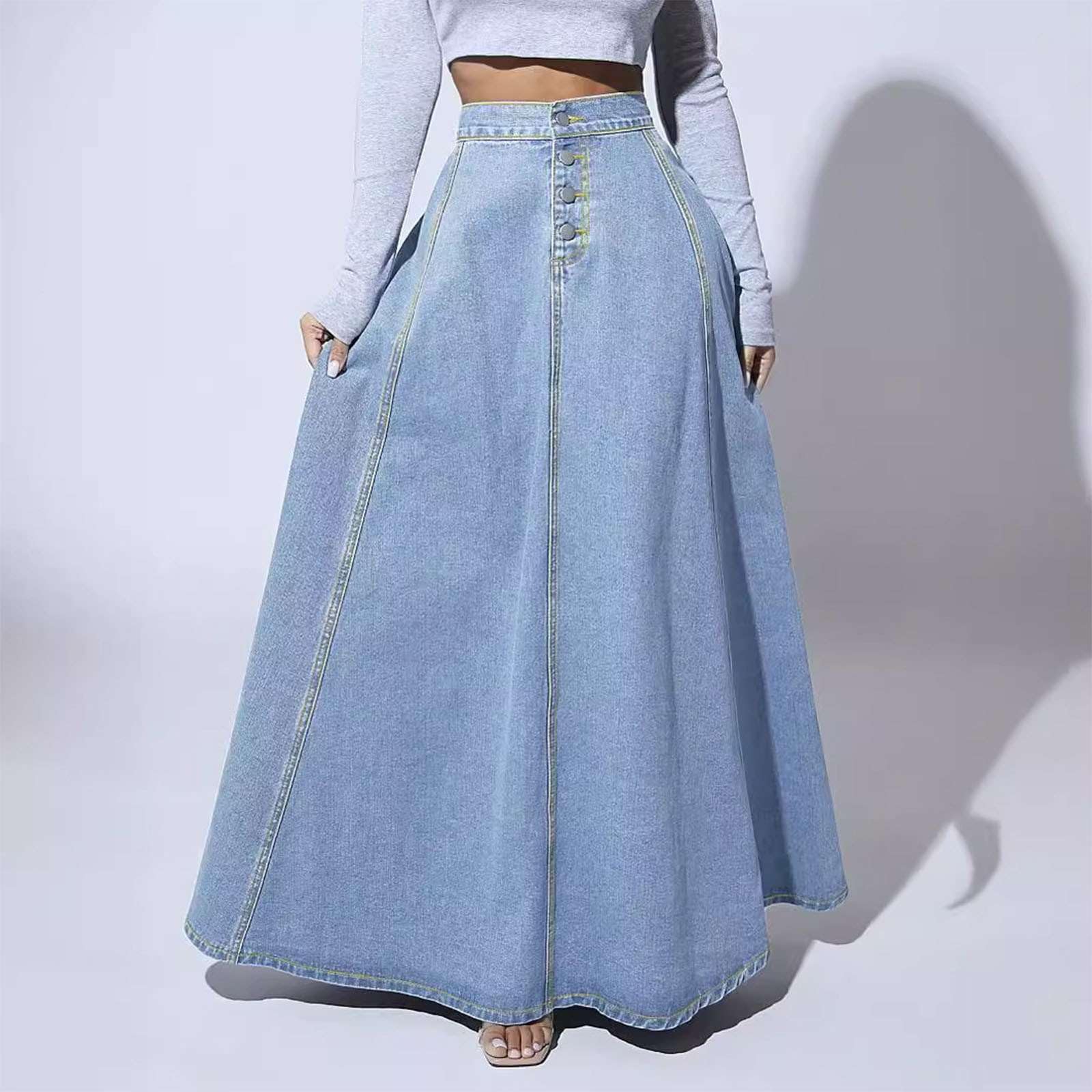 Jeansrock Damen - Lang Maxirock A-Linie Denim Rock High Waist mit Knopfleiste Elegant Ausgestellter Langer Jeansrock mit Taschen für Sommer Herbst Vintage Style Bodenlang Baumwolle