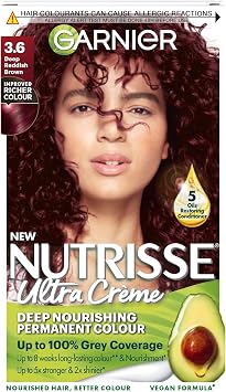 Garnier Nutrisse Ultra Cr me Vegan Hair Dye, 3.6 Deep Reddish Brown. Achieve 100% grey coverage and vibrant, warm 8-week colour. This no-ammonia, vegan formula delivers a rich, reddish-brown hue.