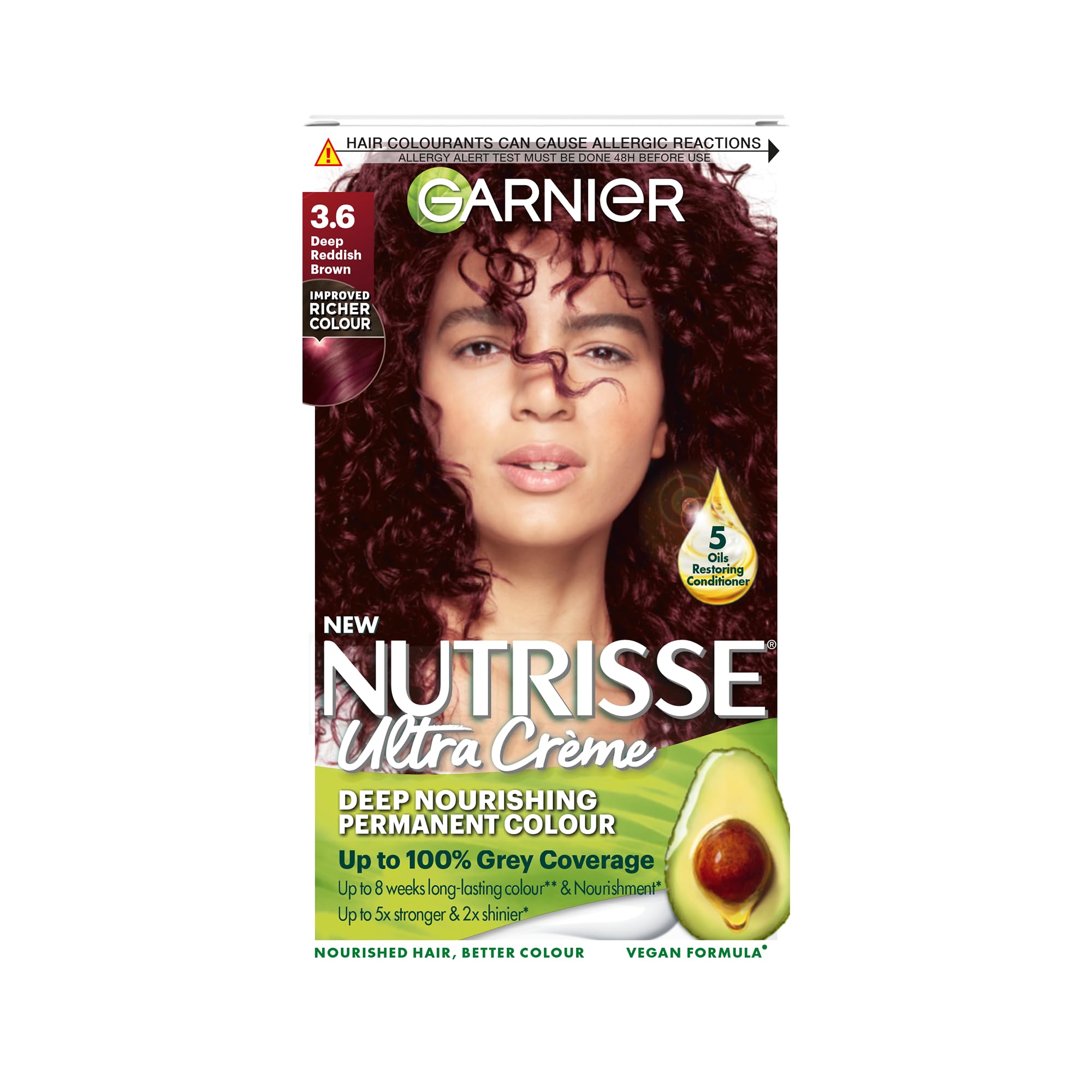 Garnier Nutrisse Permanent Hair Dye, Natural-looking, hair colour result, For All Hair Types, 3.6 Deep Reddish Brown