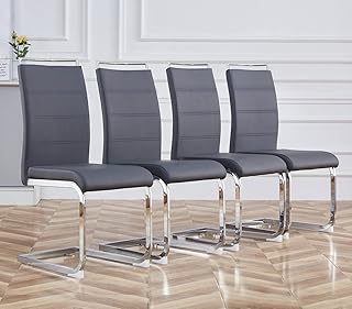 Baysitone Modern Dining Chairs Set of 4, PU Faux Leather High Back Upholstered Dining Room Side Chairs with Horizontal Stripe Backrest Design for Kitchen Living Room Vanity Patio Dinner Chairs, Grey