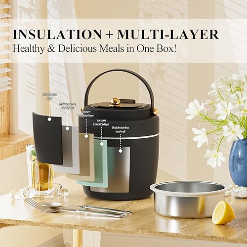 Miniatura 5 de Tarro de alimentos aislado al vacío de acero inoxidable de 40 onzas para adultos, recipiente de almuerzo de boca ancha con cuchara, tenedor y bolsa