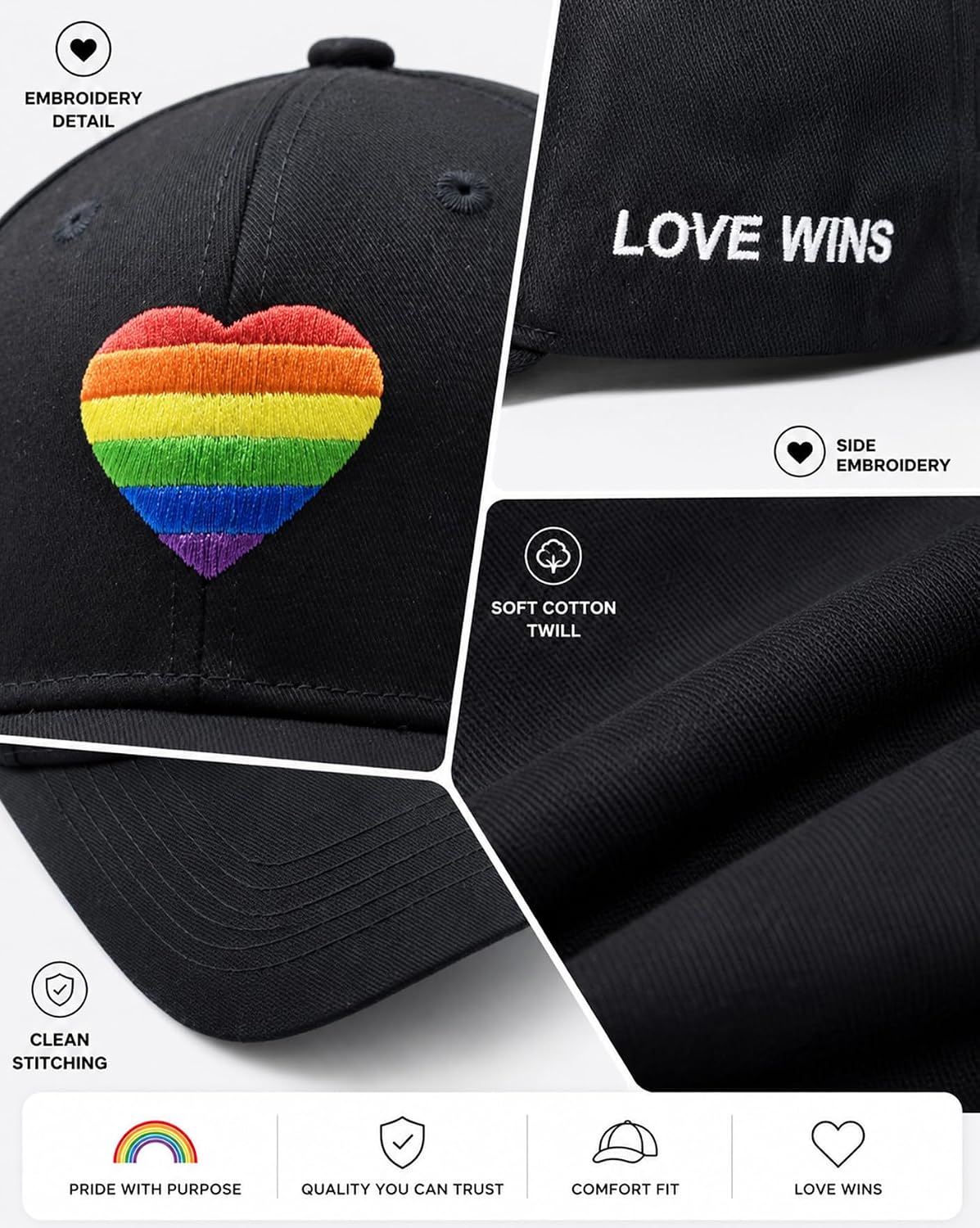 LGBT Pride Hat, Embroidered Rainbow Heart Hat, Adjustable Gay Lesbian Love Baseball Cap for Men Women