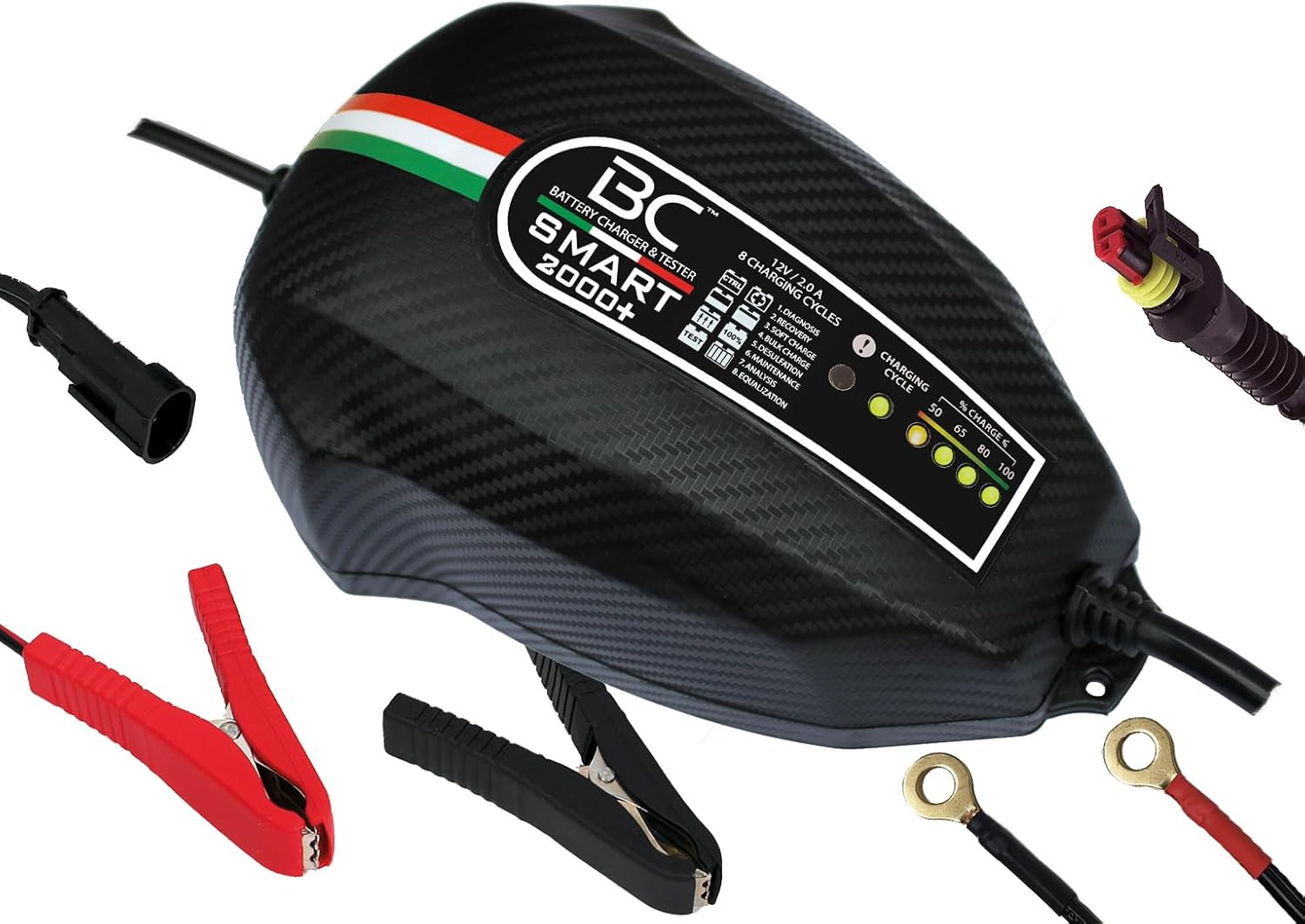 BC Smart 2000+ 12V 2.0A Intelligent Battery Charger and Maintainer 8 Step Automatic Trickle Float Desulfator For Cars Motorcycles ATVs and Deep Cycle Lead Acid Batteries with Alternator Tester US Plug