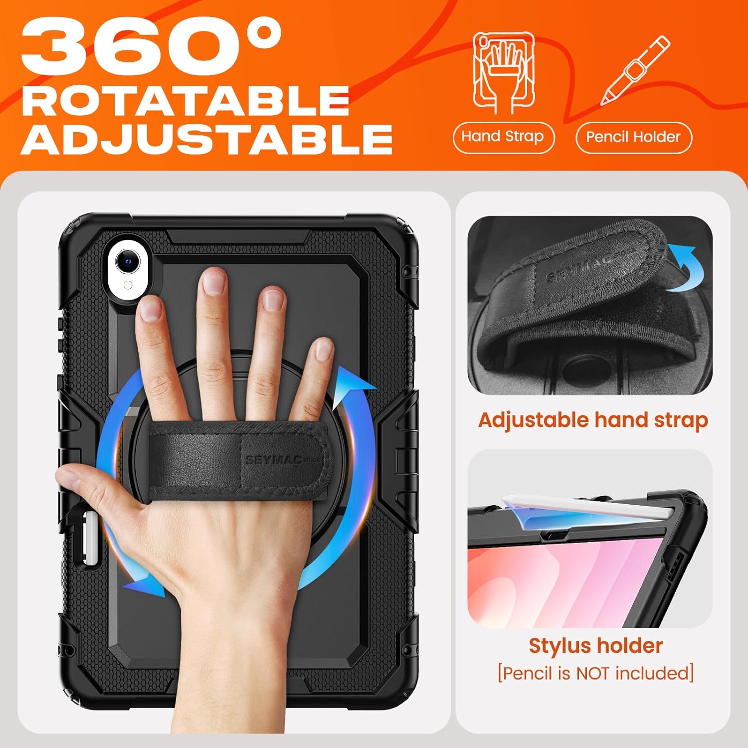 SEYMAC stock Case for Samsung Galaxy Tab S11 5G Tablet Case 11'' Protective with Screen Protector, Pen Holder, 360 Rotate Stand, Hand Strap, Shoulder Strap, Black1