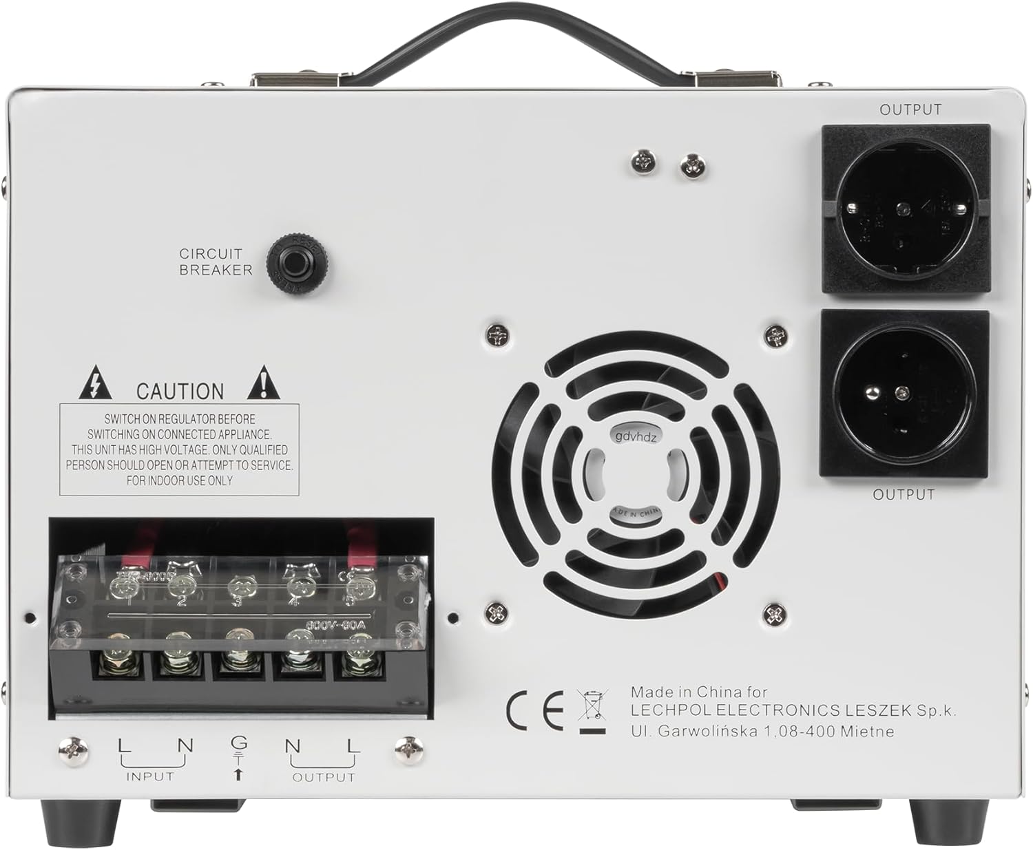 Rear panel of Kemot MSER-10000 Automatic Voltage Stabilizer with output sockets and circuit breaker