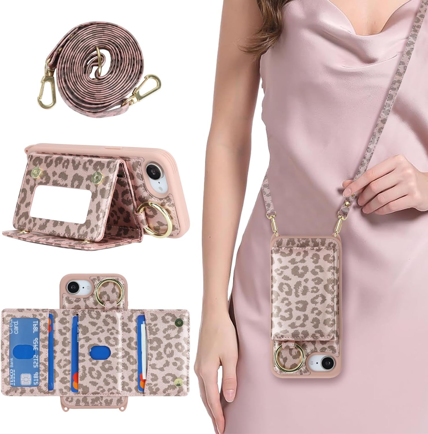 for iPhone 17e / 16e Case with Card Holder and Strap for Women,Crossbody Lanyard, Make Up Mirror,Ring Stand,Snap Clasp,Cute Phone Wallet Cases 6.1 inch - Rose red