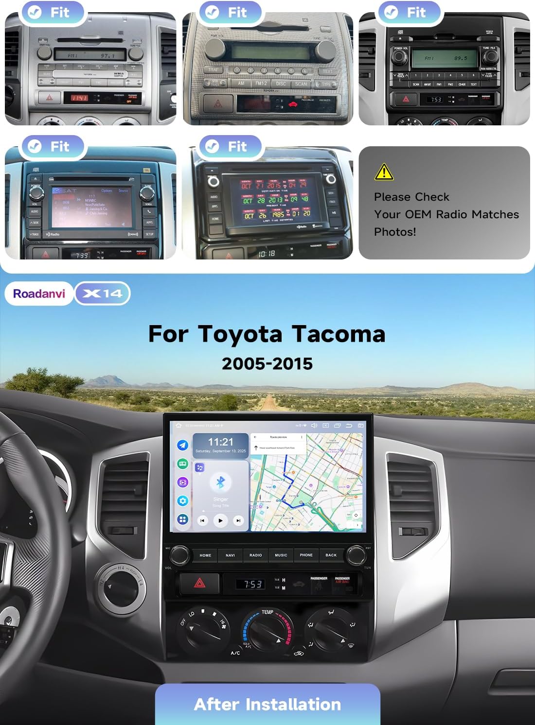 Roadanvi 10.2" Android 14 Car Stereo for 2nd Gen Toyota Tacoma 2005-2015, Wireless Apple CarPlay & Android Auto,6GB RAM 128GB ROM, 5G WiFi 4G LTE, QLED Touchscreen, GPS Navigation, Bluetooth 5.2